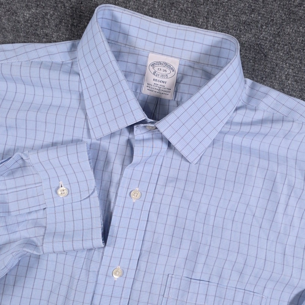 Brooks Brothers Dress Shirt Mens 17-35 Blue Regent Fit Non-Iron Stretch Supima
